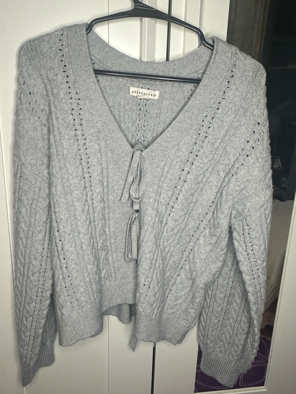 Aeropostale Light Gray V-Neck Cable Knit Tie-Front Sweater